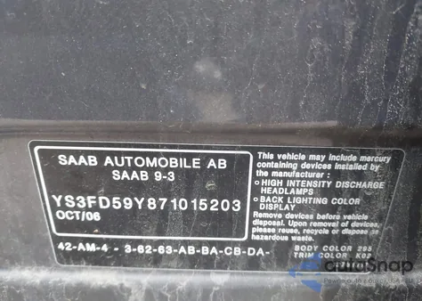 2007 Saab 9-3 2.0T from USA, damaged, VIN YS3FD59Y871015203